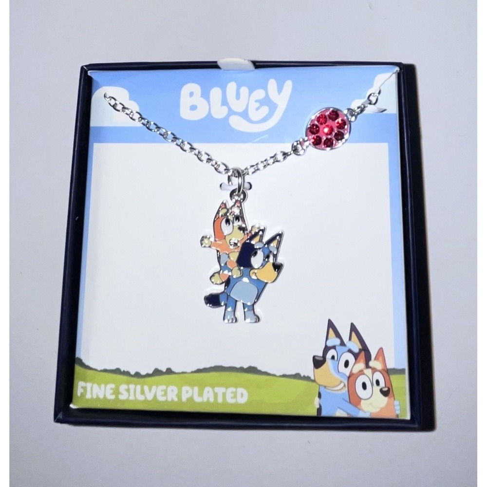 Bluey Bingo Charm Necklace Red Crystal Accent Fine Silver Plated NIB